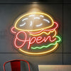 Burger Restaurant Neon Sign - Customized Open Burger Yellow Red