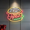 Burger Restaurant Neon Sign - Customized Open Burger Yellow Red