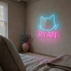 Cat Neon Sign Custom, Name Kitty Face LED Light, Kids Room Wall Decor