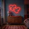 Couple Initials Neon Sign Custom, Double Heart LED Light, Wedding Wall Decor